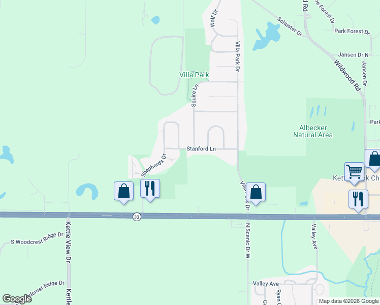 map of restaurants, bars, coffee shops, grocery stores, and more near 3431 Stanford Lane in West Bend