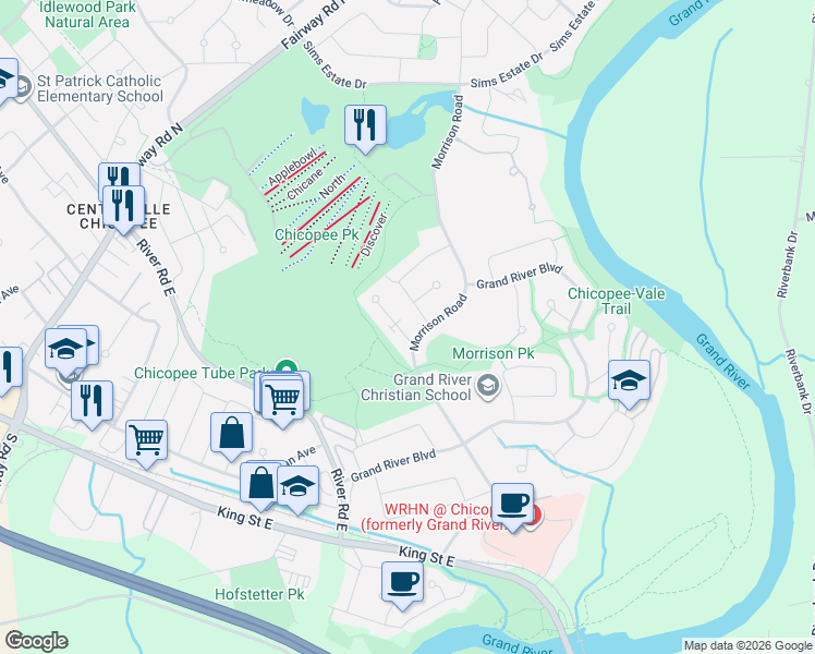 map of restaurants, bars, coffee shops, grocery stores, and more near 267 Morrison Road in Kitchener