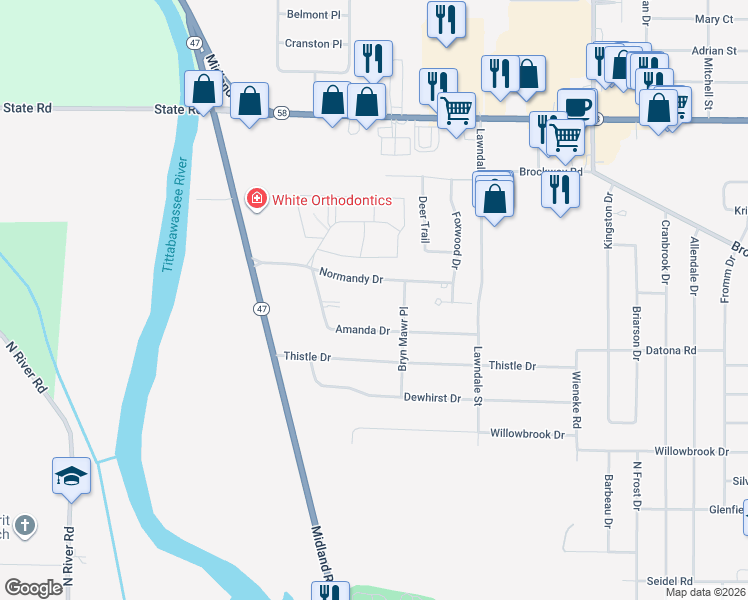 map of restaurants, bars, coffee shops, grocery stores, and more near 6215 Normandy Drive in Saginaw