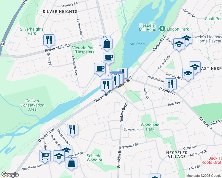 map of restaurants, bars, coffee shops, grocery stores, and more near 7 Queen Street West in Cambridge