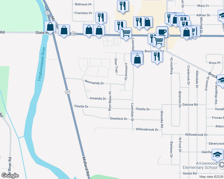 map of restaurants, bars, coffee shops, grocery stores, and more near 1574 Bryn Mawr Place in Saginaw