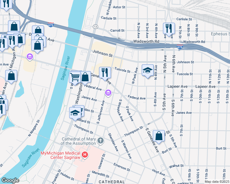 map of restaurants, bars, coffee shops, grocery stores, and more near in Saginaw