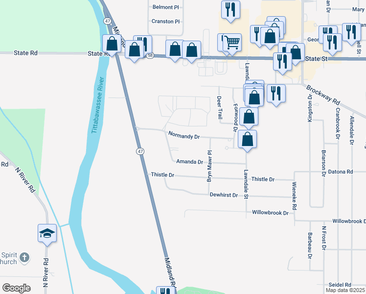 map of restaurants, bars, coffee shops, grocery stores, and more near 6360 Amanda Drive in Saginaw