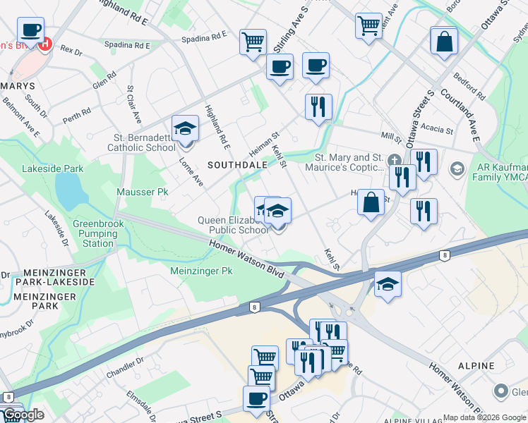 map of restaurants, bars, coffee shops, grocery stores, and more near 67 Southdale Avenue in Kitchener