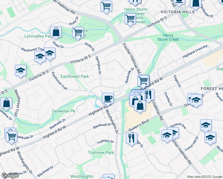 map of restaurants, bars, coffee shops, grocery stores, and more near 103 Bankside Drive in Kitchener