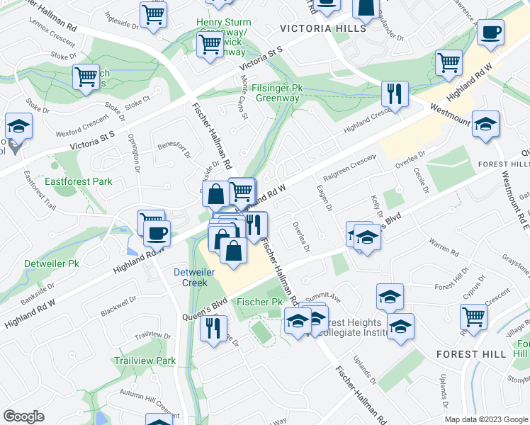 map of restaurants, bars, coffee shops, grocery stores, and more near 775 Highland Road West in Kitchener