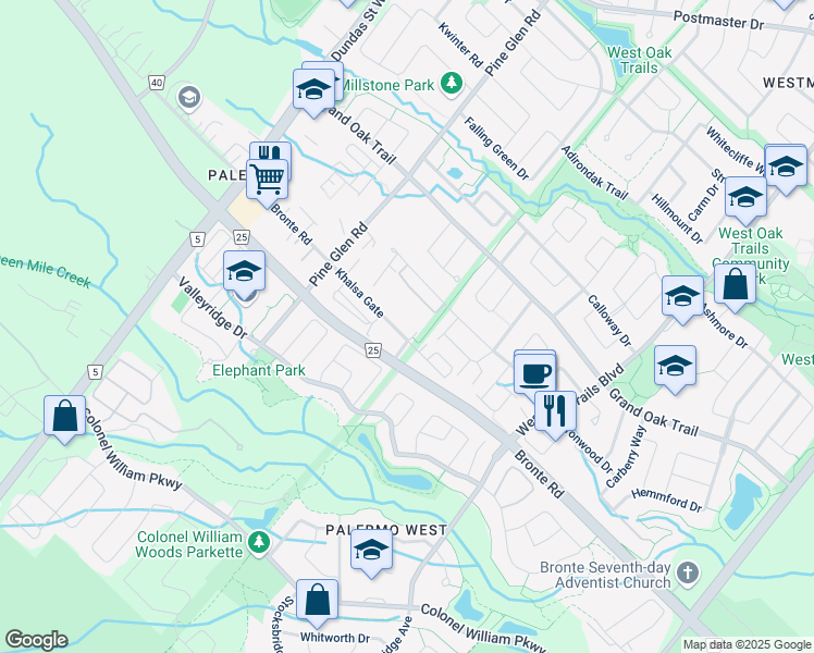 map of restaurants, bars, coffee shops, grocery stores, and more near 2317 Khalsa Gate in Oakville