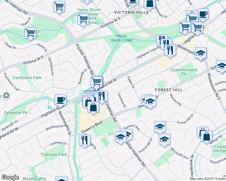 map of restaurants, bars, coffee shops, grocery stores, and more near 266 Overlea Drive in Kitchener