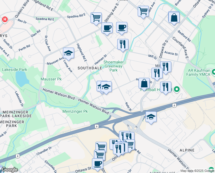 map of restaurants, bars, coffee shops, grocery stores, and more near 64 Southdale Avenue in Kitchener