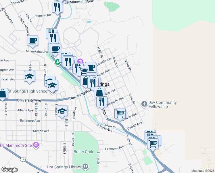 map of restaurants, bars, coffee shops, grocery stores, and more near 121-199 South 6th Street in Hot Springs
