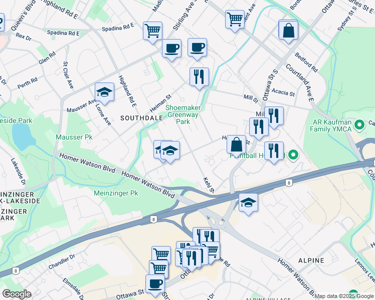 map of restaurants, bars, coffee shops, grocery stores, and more near 175 Hoffman Street in Kitchener