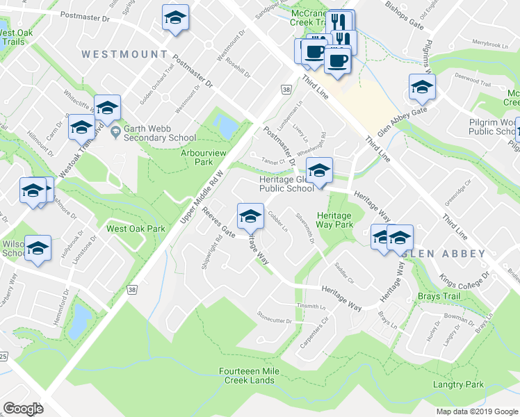 map of restaurants, bars, coffee shops, grocery stores, and more near 1558 Heritage Way in Oakville