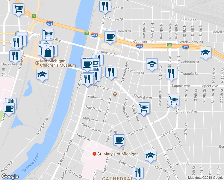 map of restaurants, bars, coffee shops, grocery stores, and more near South Jefferson Avenue & Federal Avenue in Saginaw