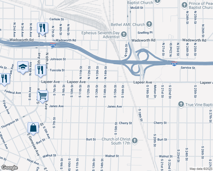map of restaurants, bars, coffee shops, grocery stores, and more near 126 South 14th Street in Saginaw