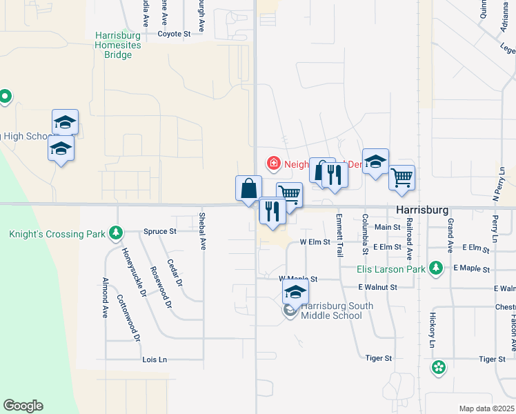 map of restaurants, bars, coffee shops, grocery stores, and more near County Highway 110 in Harrisburg
