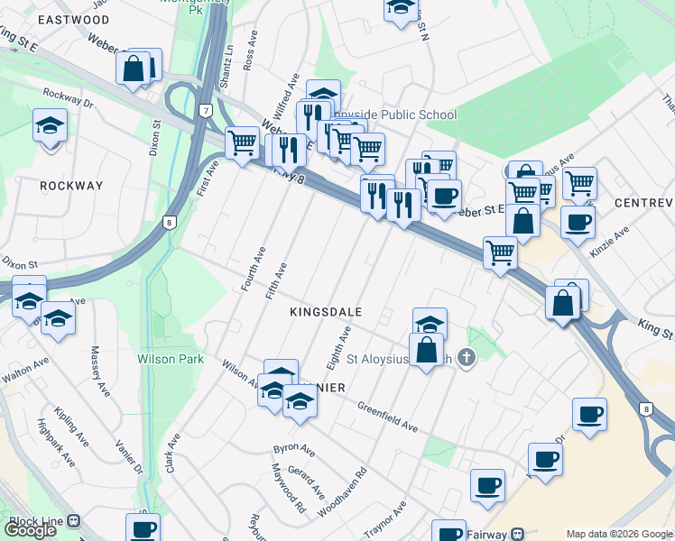 map of restaurants, bars, coffee shops, grocery stores, and more near 84 Franklin Street South in Kitchener
