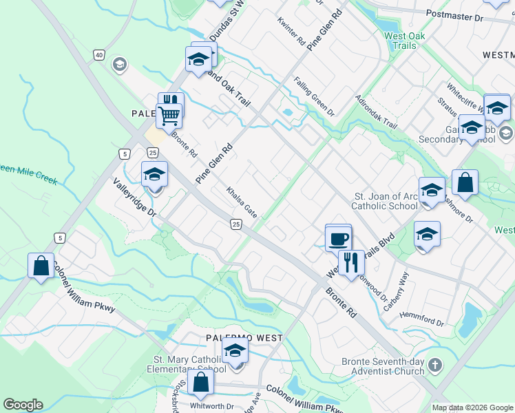 map of restaurants, bars, coffee shops, grocery stores, and more near 2333 Khalsa Gate in Oakville