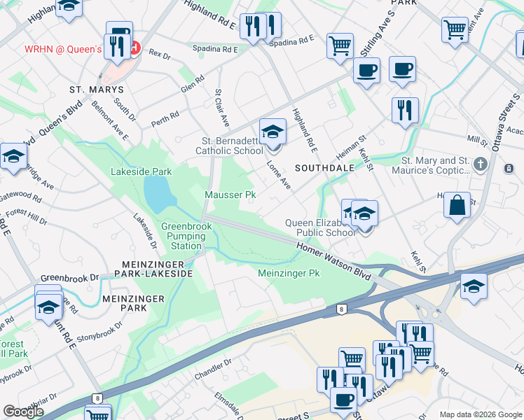 map of restaurants, bars, coffee shops, grocery stores, and more near 234 Heiman Street in Kitchener