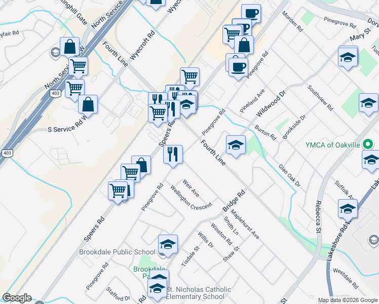 map of restaurants, bars, coffee shops, grocery stores, and more near 1028 Pinegrove Road in Oakville