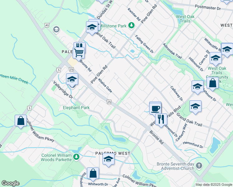 map of restaurants, bars, coffee shops, grocery stores, and more near in Oakville