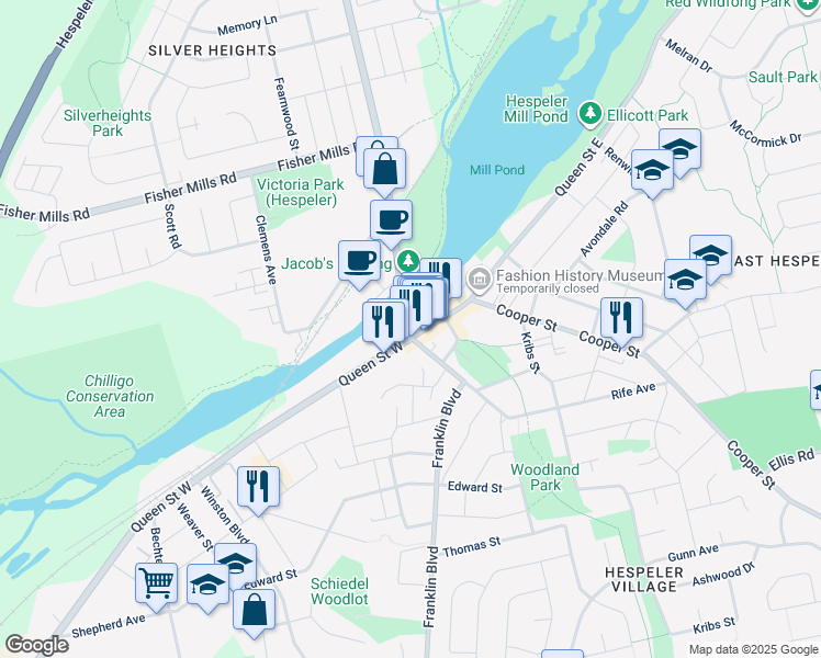 map of restaurants, bars, coffee shops, grocery stores, and more near 16 Queen Street West in Cambridge