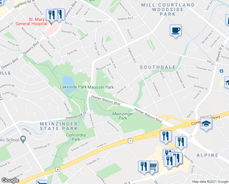map of restaurants, bars, coffee shops, grocery stores, and more near 239 Heiman Street in Kitchener