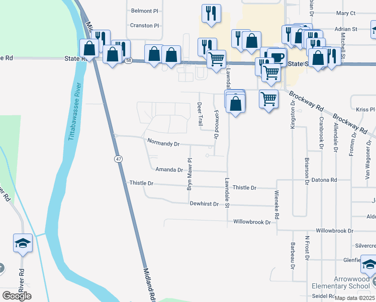 map of restaurants, bars, coffee shops, grocery stores, and more near 1574 Bryn Mawr Place in Saginaw