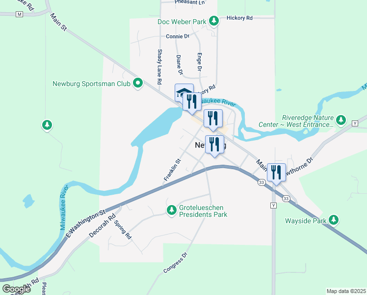map of restaurants, bars, coffee shops, grocery stores, and more near 401 Franklin Street in West Bend