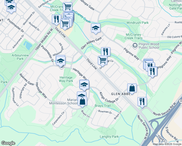 map of restaurants, bars, coffee shops, grocery stores, and more near 2096 Blacksmith Lane in Oakville