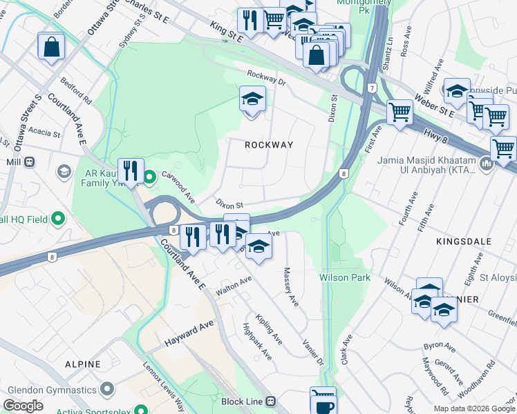 map of restaurants, bars, coffee shops, grocery stores, and more near 62 Boniface Avenue in Kitchener