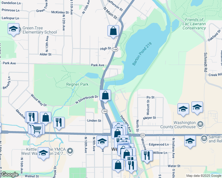 map of restaurants, bars, coffee shops, grocery stores, and more near 695 Rivershores Drive in West Bend