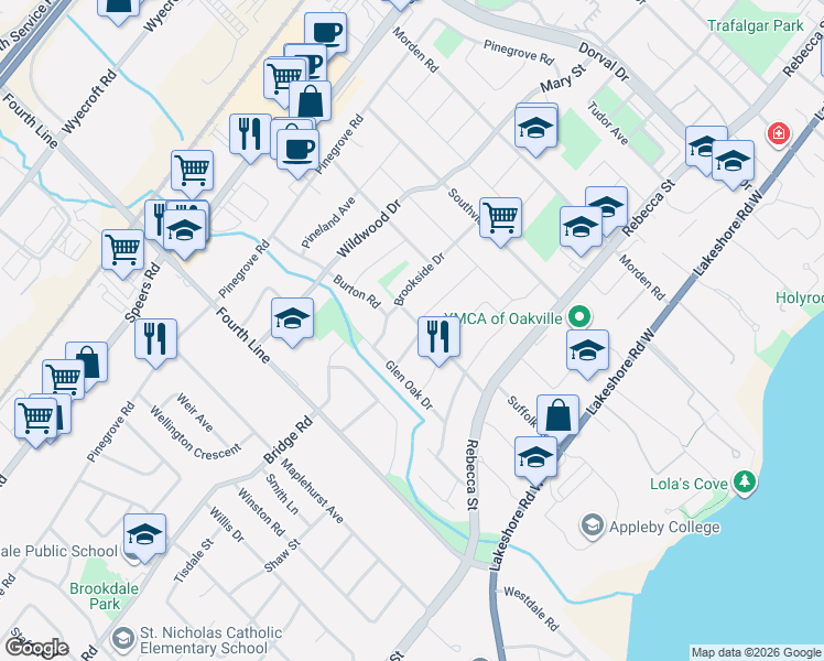 map of restaurants, bars, coffee shops, grocery stores, and more near 523 Oriole Drive in Oakville
