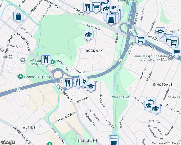 map of restaurants, bars, coffee shops, grocery stores, and more near 261 Dixon Street in Kitchener