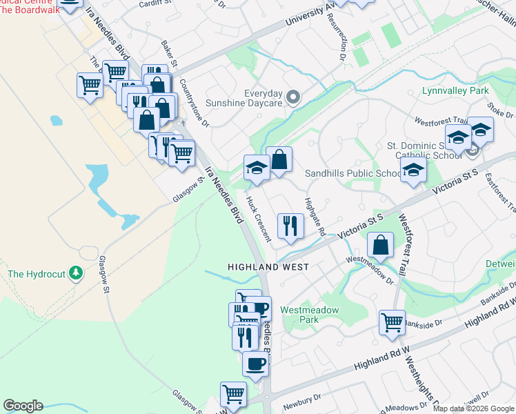 map of restaurants, bars, coffee shops, grocery stores, and more near 150 Huck Crescent in Kitchener