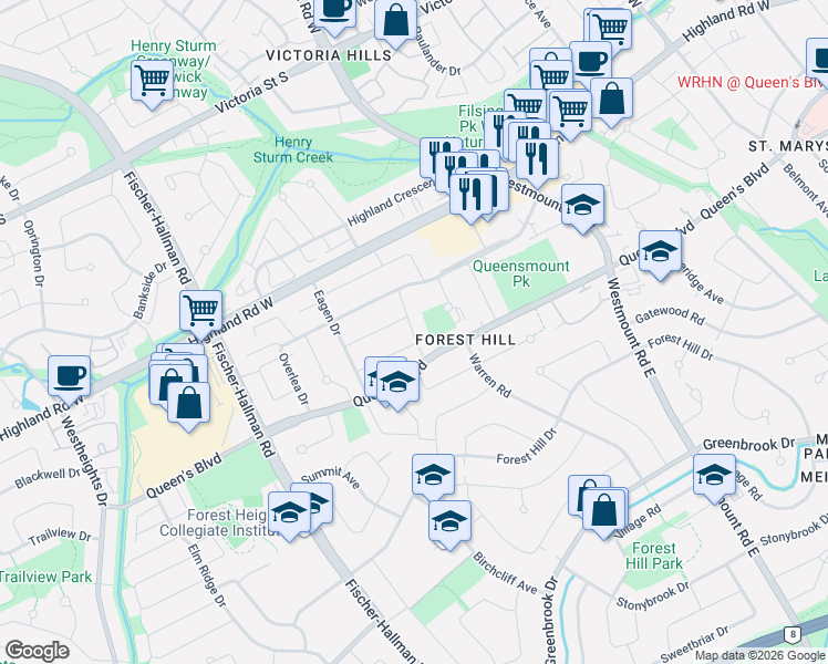 map of restaurants, bars, coffee shops, grocery stores, and more near 1385 Queen's Boulevard in Kitchener