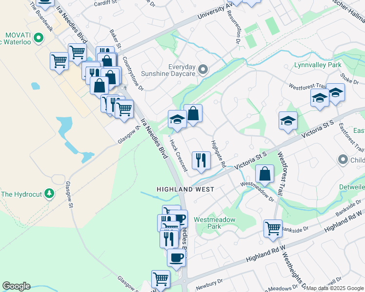 map of restaurants, bars, coffee shops, grocery stores, and more near 150 Huck Crescent in Kitchener
