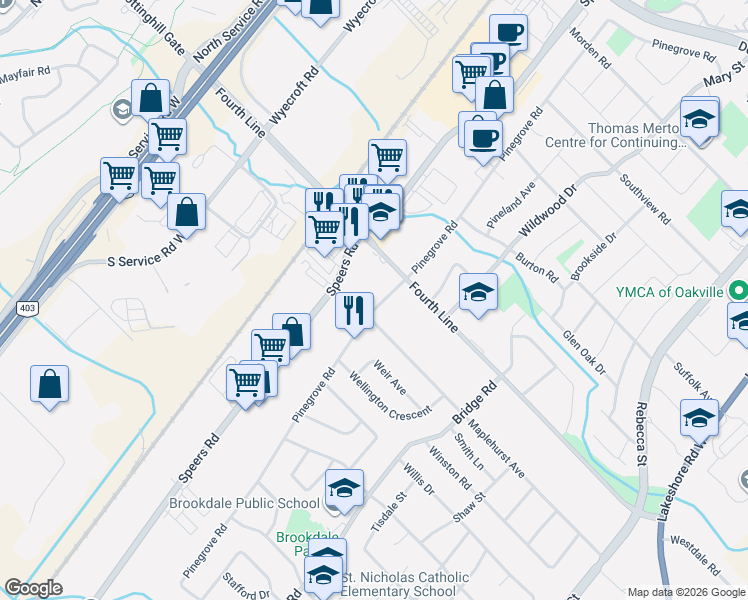 map of restaurants, bars, coffee shops, grocery stores, and more near 1035 Pinegrove Road in Oakville