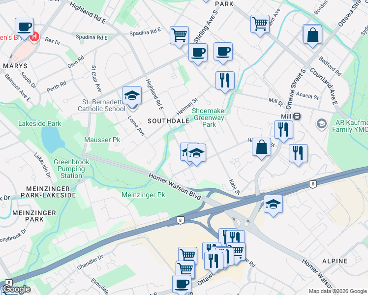 map of restaurants, bars, coffee shops, grocery stores, and more near 465 Highland Road East in Kitchener