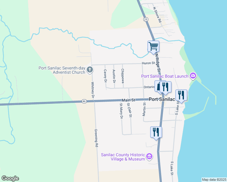 map of restaurants, bars, coffee shops, grocery stores, and more near 7041 Main Street in Port Sanilac