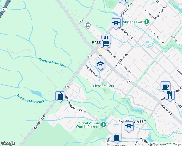 map of restaurants, bars, coffee shops, grocery stores, and more near 2592 Valleyridge Drive in Oakville