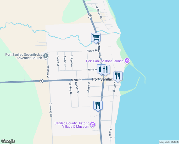map of restaurants, bars, coffee shops, grocery stores, and more near 44 Church Street in Port Sanilac