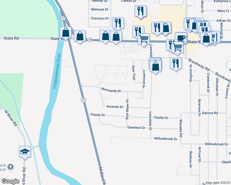 map of restaurants, bars, coffee shops, grocery stores, and more near 6226 Normandy Drive in Saginaw
