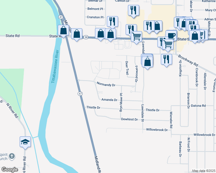 map of restaurants, bars, coffee shops, grocery stores, and more near 6226 Normandy Drive in Saginaw