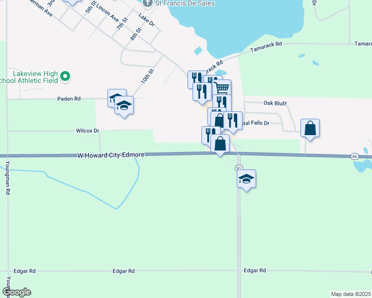 map of restaurants, bars, coffee shops, grocery stores, and more near 9270 Hc Edmore Road in Lakeview