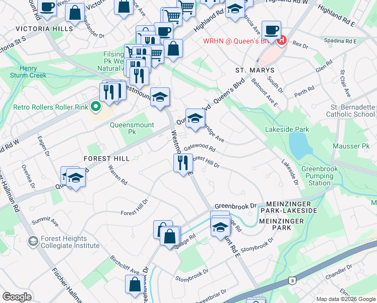 map of restaurants, bars, coffee shops, grocery stores, and more near 154 Gatewood Road in Kitchener
