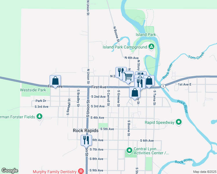 map of restaurants, bars, coffee shops, grocery stores, and more near 100 North Carroll Street in Rock Rapids