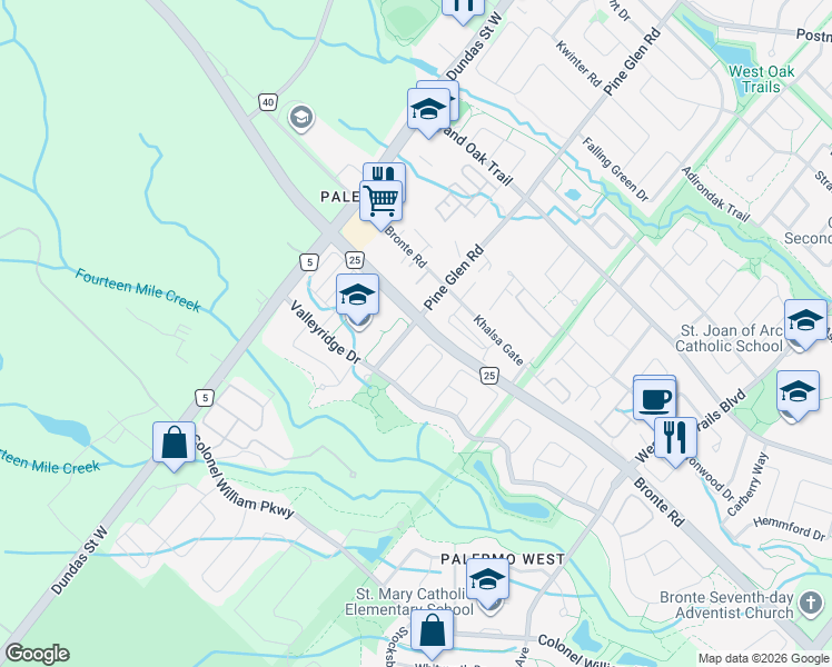 map of restaurants, bars, coffee shops, grocery stores, and more near 3050 Highvalley Road in Oakville