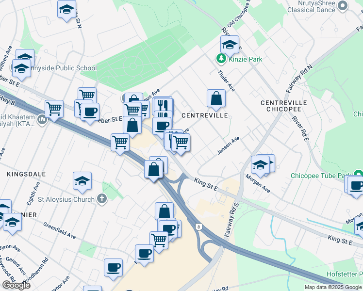 map of restaurants, bars, coffee shops, grocery stores, and more near 133 Huber Street in Kitchener