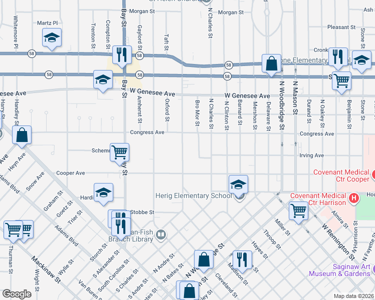 map of restaurants, bars, coffee shops, grocery stores, and more near 1726 North Carolina Street in Saginaw