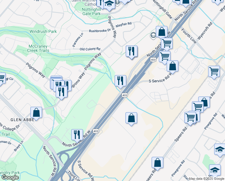 map of restaurants, bars, coffee shops, grocery stores, and more near 1275 North Service Road West in Oakville